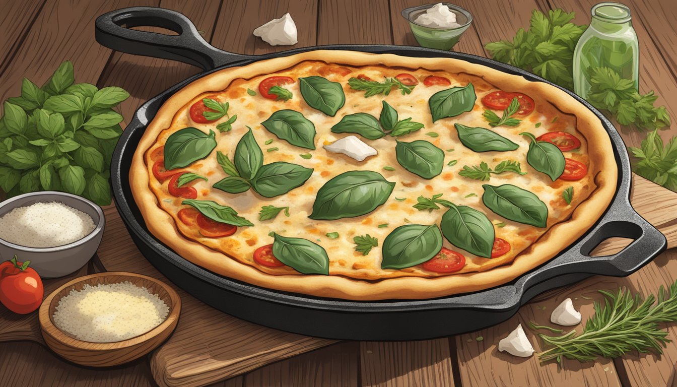 A cast iron skillet pizza sits on a wooden table, surrounded by fresh herbs and grated parmesan cheese