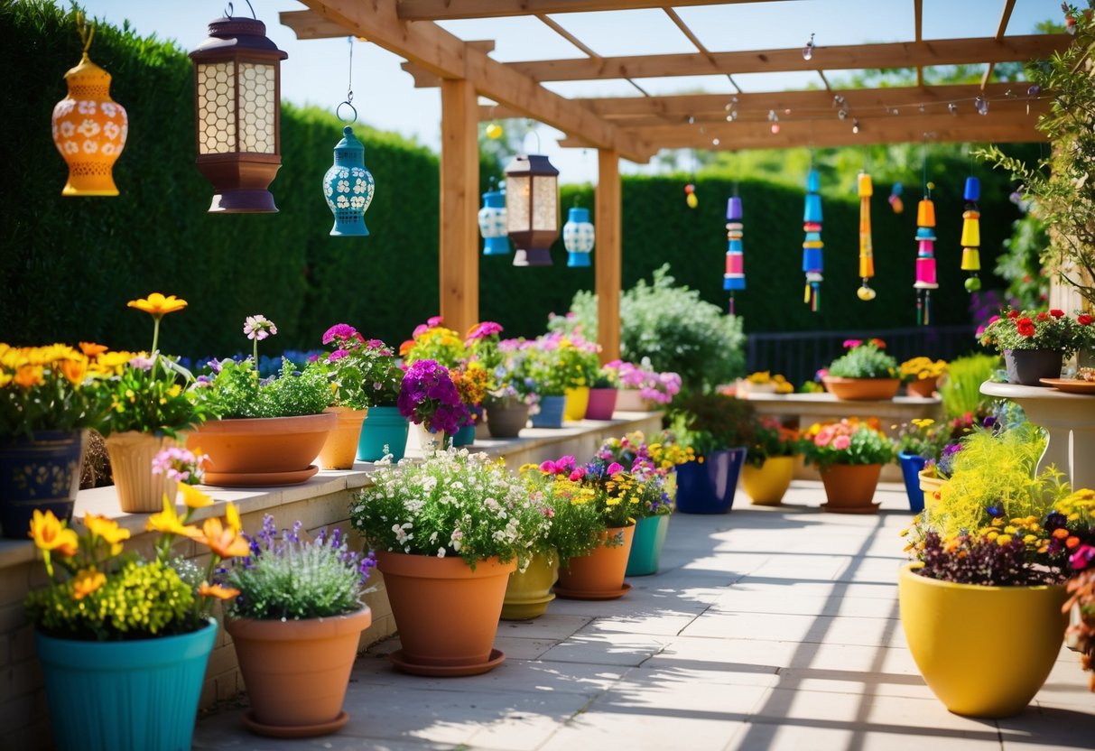 Ein bunten Array von Topfpflanzen und Blumen schmückt einen sonnigen Außenbereich des Gartens, mit dekorativen Laternen und Windspielen, die von einer Pergola hängen.