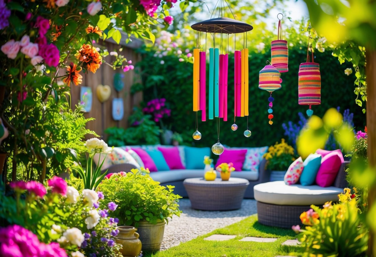 Ein lebendiger Sommergarten mit blühenden Blumen, üppigem Grün und dekorativen Elementen wie bunten Windspielen, hängenden Laternen und einem gemütlichen Sitzbereich.