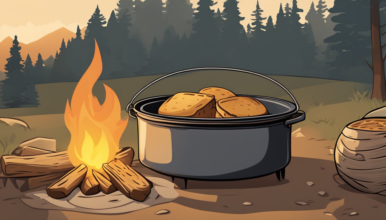 A Dutch oven sits on a campfire, with a loaf of crusty bread baking inside. The flames flicker around the pot, casting a warm glow