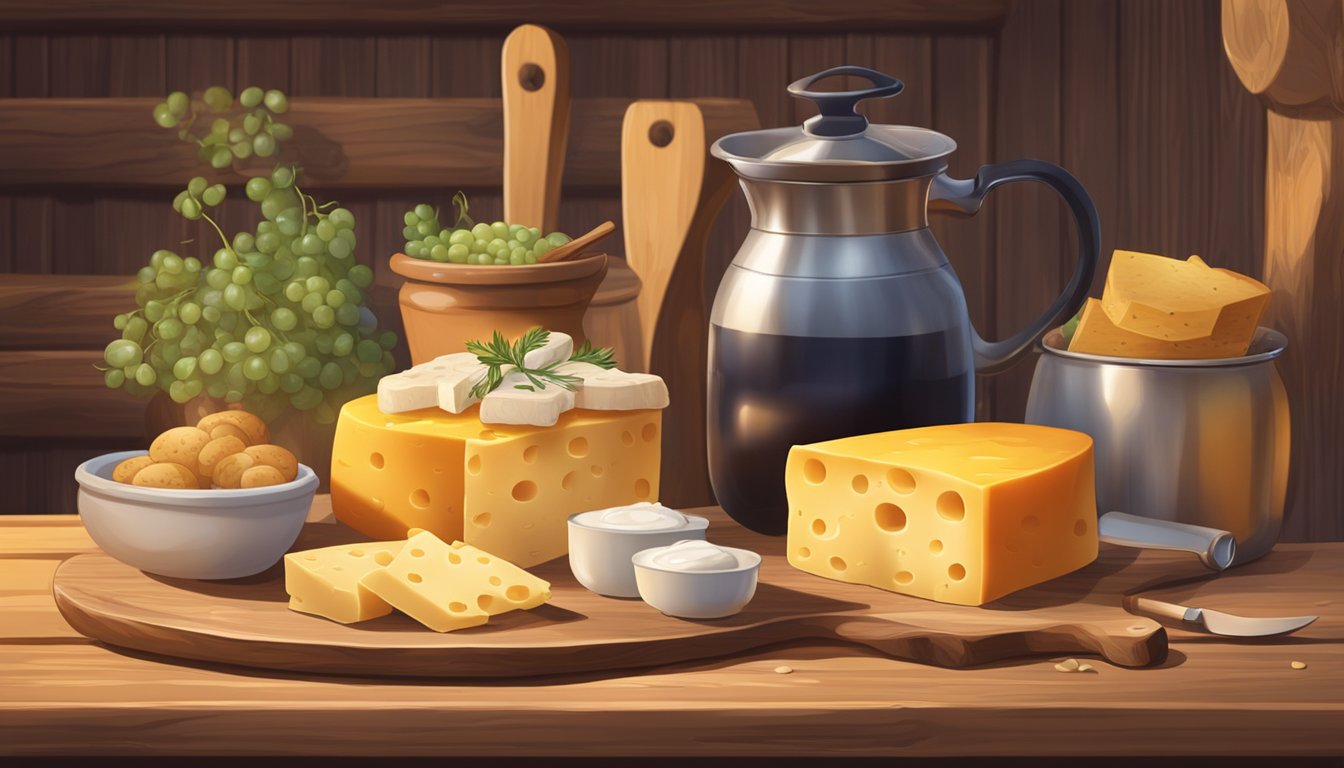 A cozy chalet with a bubbling pot of cheese and a variety of dippable items spread out on a wooden table