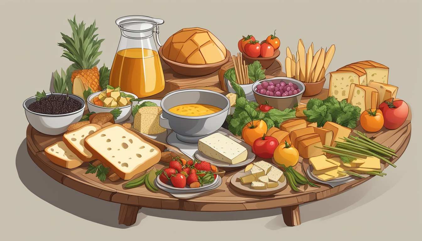 A table with a pot of bubbling fondue surrounded by skewers of bread, vegetables, and fruit, with a variety of cheeses and seasonings nearby