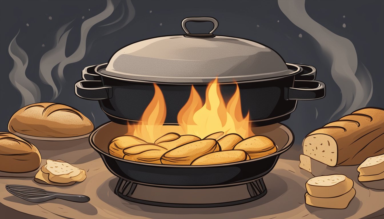 A dutch oven sits on hot coals, with bread dough inside and the lid on top. Flames flicker in the background as the bread bakes