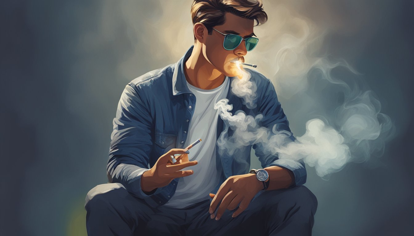 A person smoking a cooler, surrounded by smoke and holding a lit cigarette