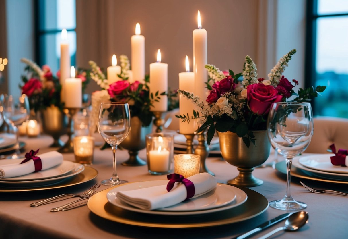 Ein Tisch, der mit Kerzen, Blumen und elegantem Geschirr gedeckt ist, schafft eine romantische Atmosphäre.