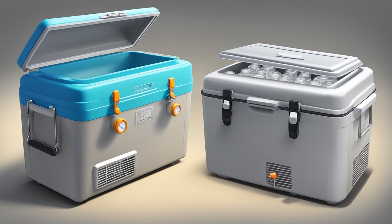 A cooler with a removable lid, fitted with a thermometer and vents, emitting smoke from the top