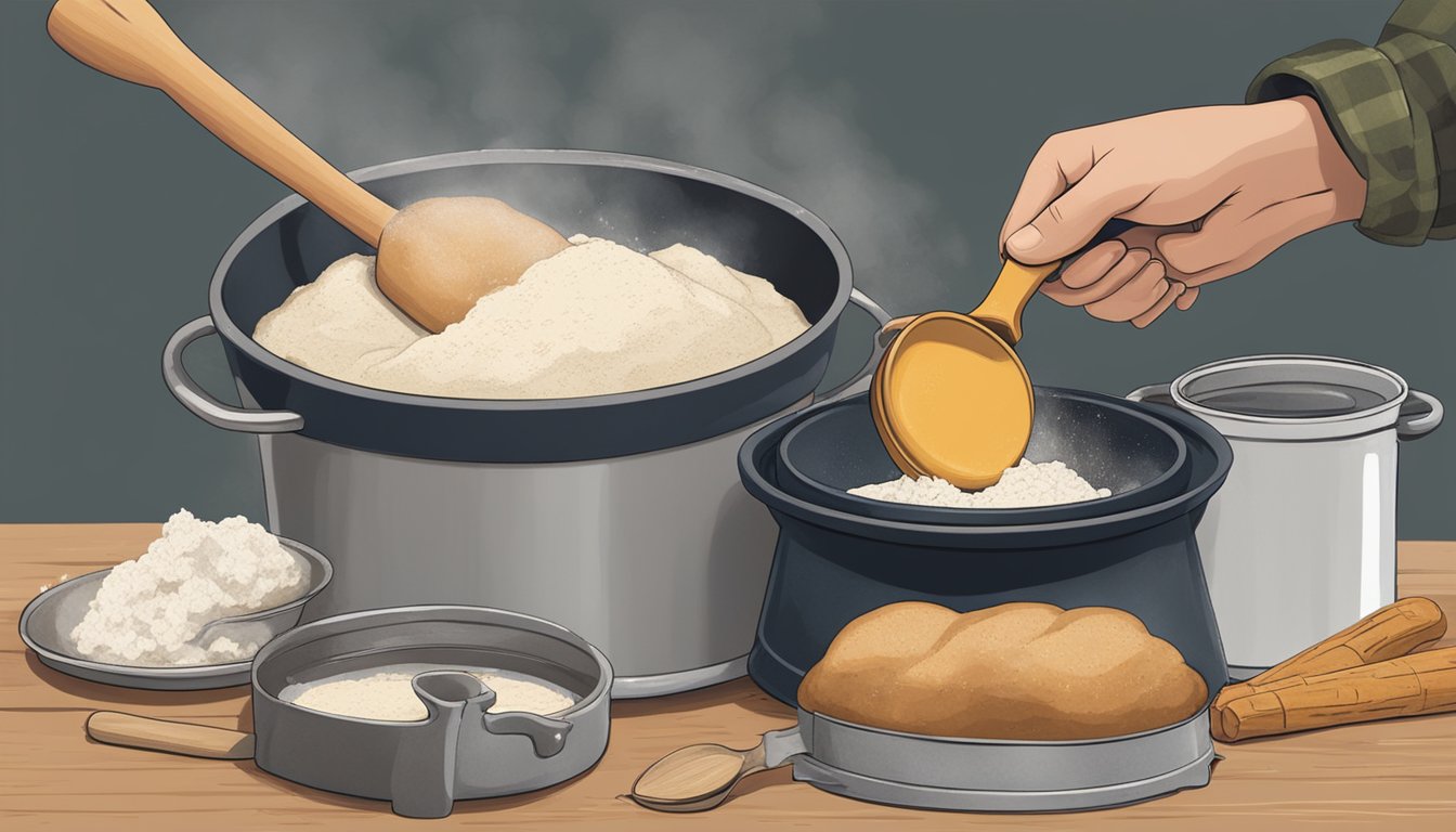 A pair of hands mixing dough in a metal bowl, next to a dutch oven sitting on a campfire, with a wooden spoon and flour scattered around