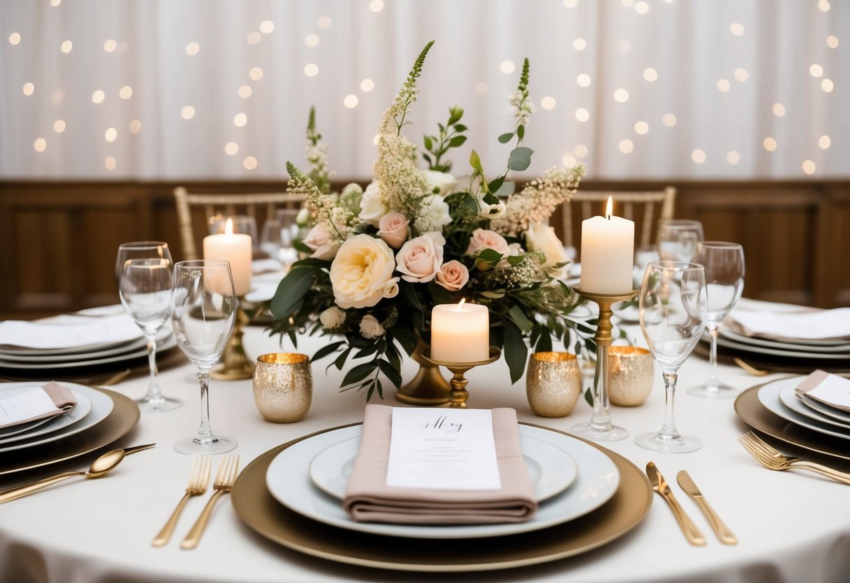 Ein wunderschön gedeckter Tisch mit eleganten Blumenarrangements, zartem Kerzenlicht und sanften, fließenden Tischdecken