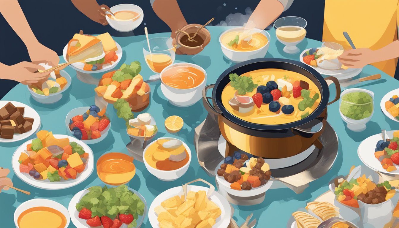 A table set with assorted pots of bubbling faux fondue, surrounded by colorful dipping items and a group of friends sharing and laughing