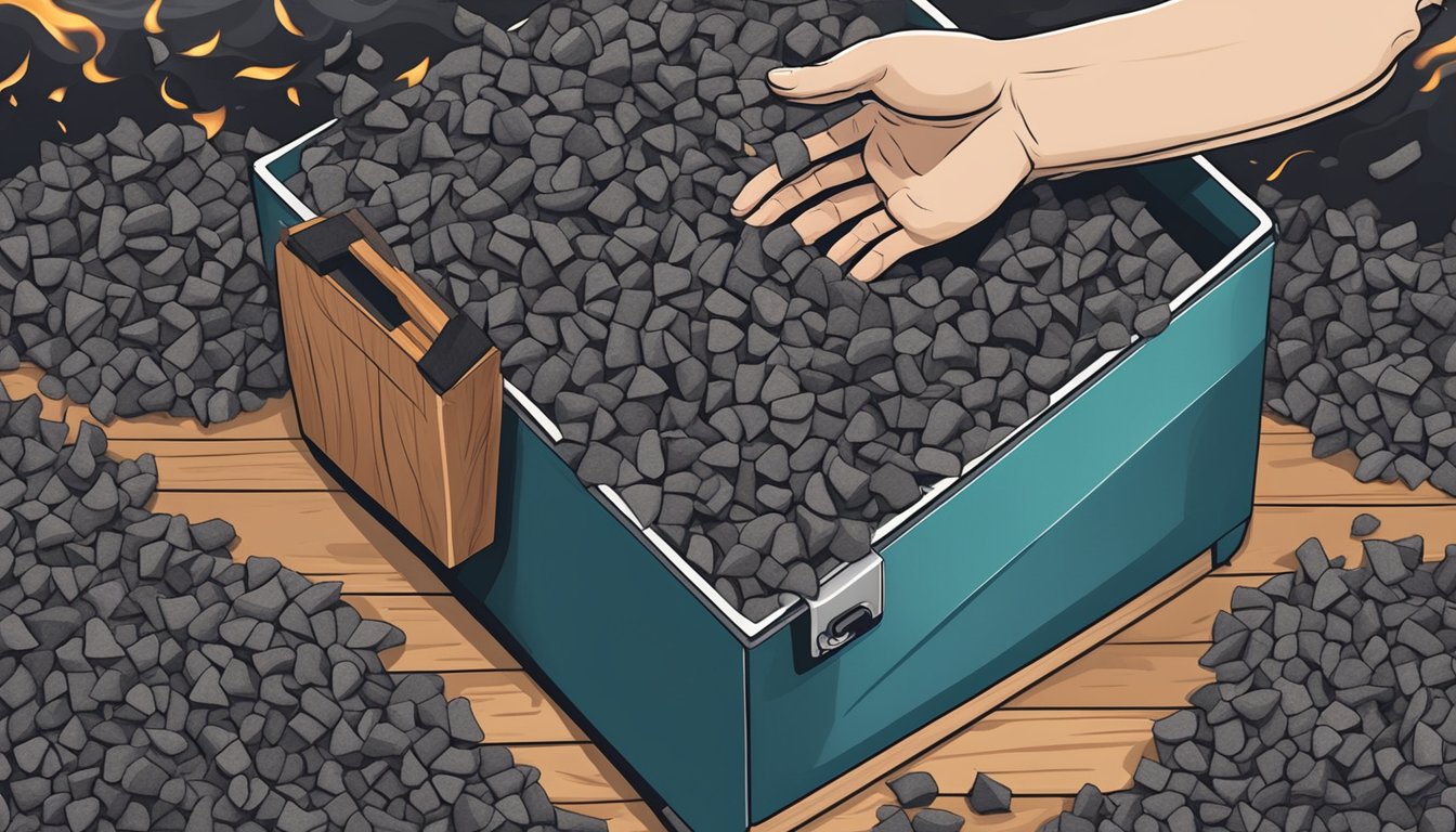 A hand reaching for a pile of charcoal and wood chips next to a smoking cooler