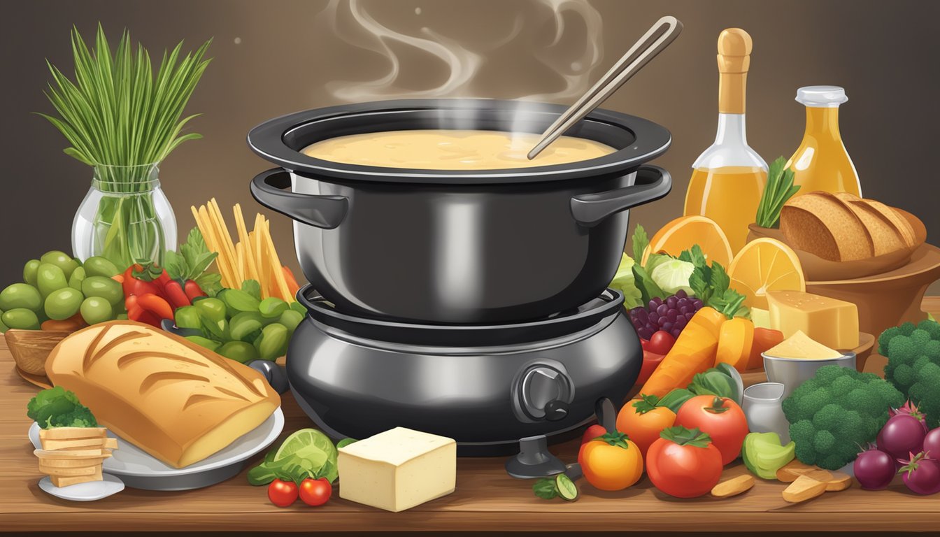 A bubbling pot of faux fondue sits on a wooden table, surrounded by a variety of dippable items such as bread, fruit, and vegetables