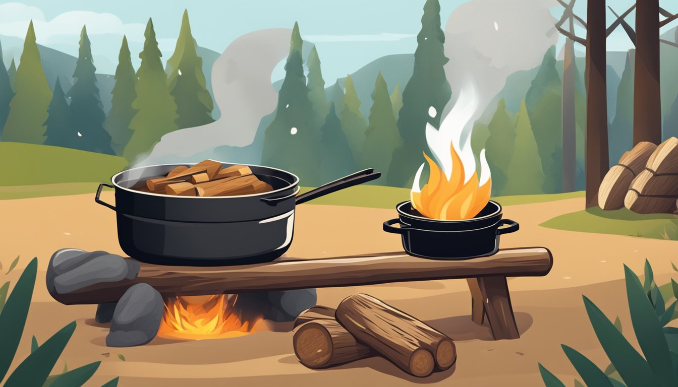 A dutch oven sits on a campfire, surrounded by logs. Freshly baked bread is being removed from the oven with a wooden spatula