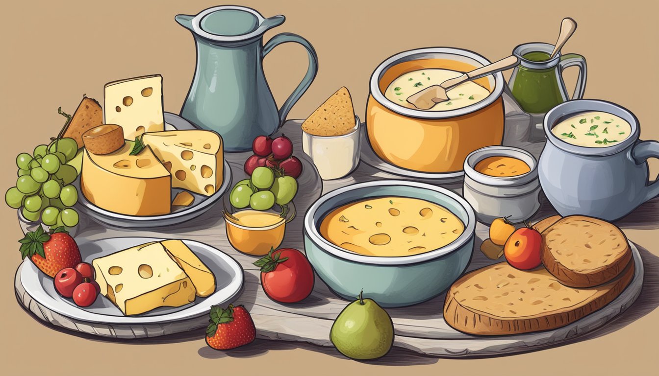 A table set with a variety of non-dairy cheeses, fruits, and bread, with a bubbling pot of vegan cheese fondue in the center