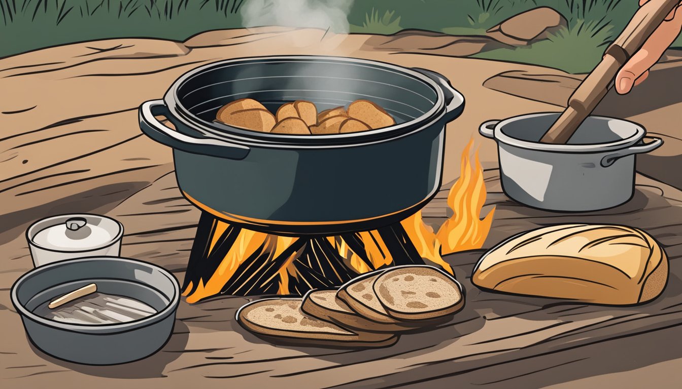 A dutch oven sits on a campfire with freshly baked bread next to it. A person's hand is seen using a brush to clean the dutch oven