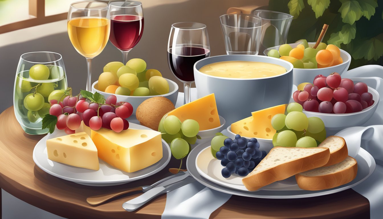 A table with assorted fruits, bread, and cheese fondue set, surrounded by glasses of wine and sparkling water