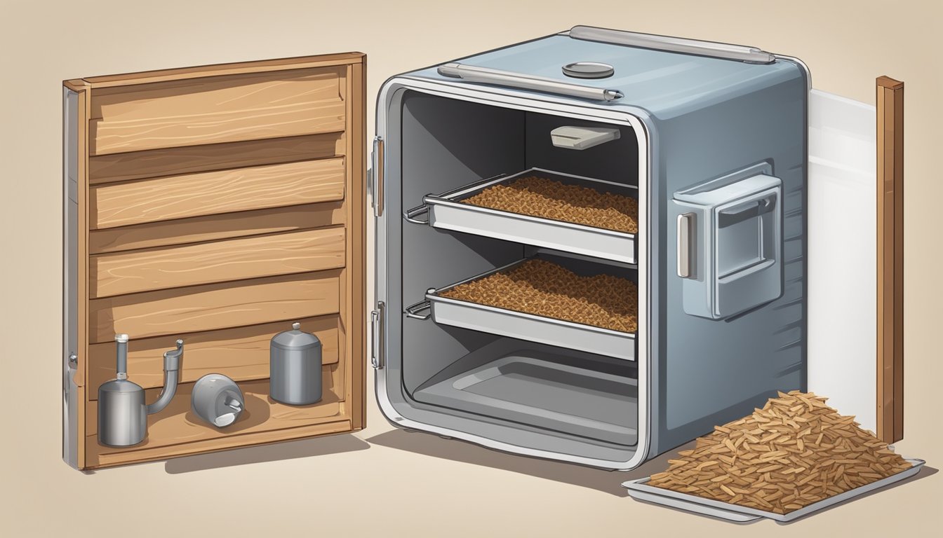 A cooler converted into a smoker, with vents for airflow and a built-in thermometer, surrounded by wood chips and a tray of water for moisture