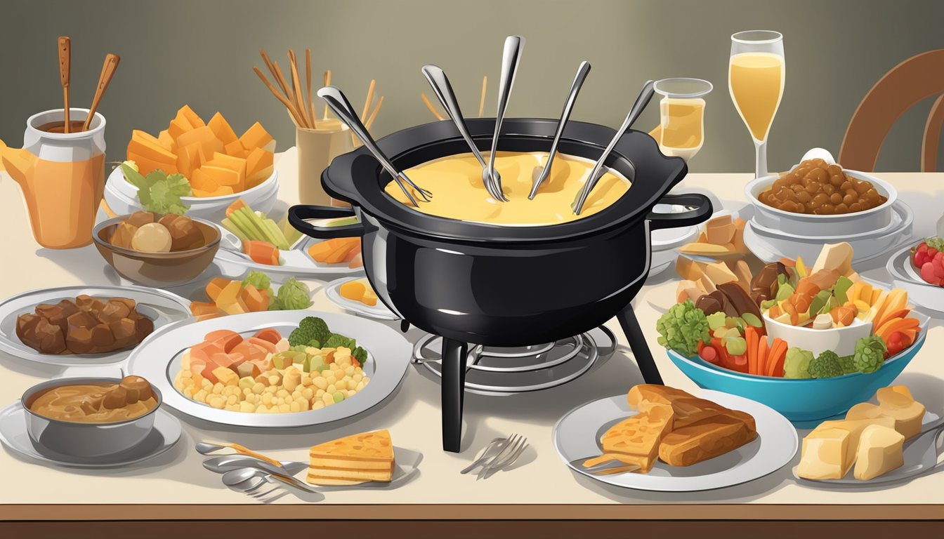 A table set with a bubbling pot of faux fondue surrounded by an assortment of dippable foods and fondue forks