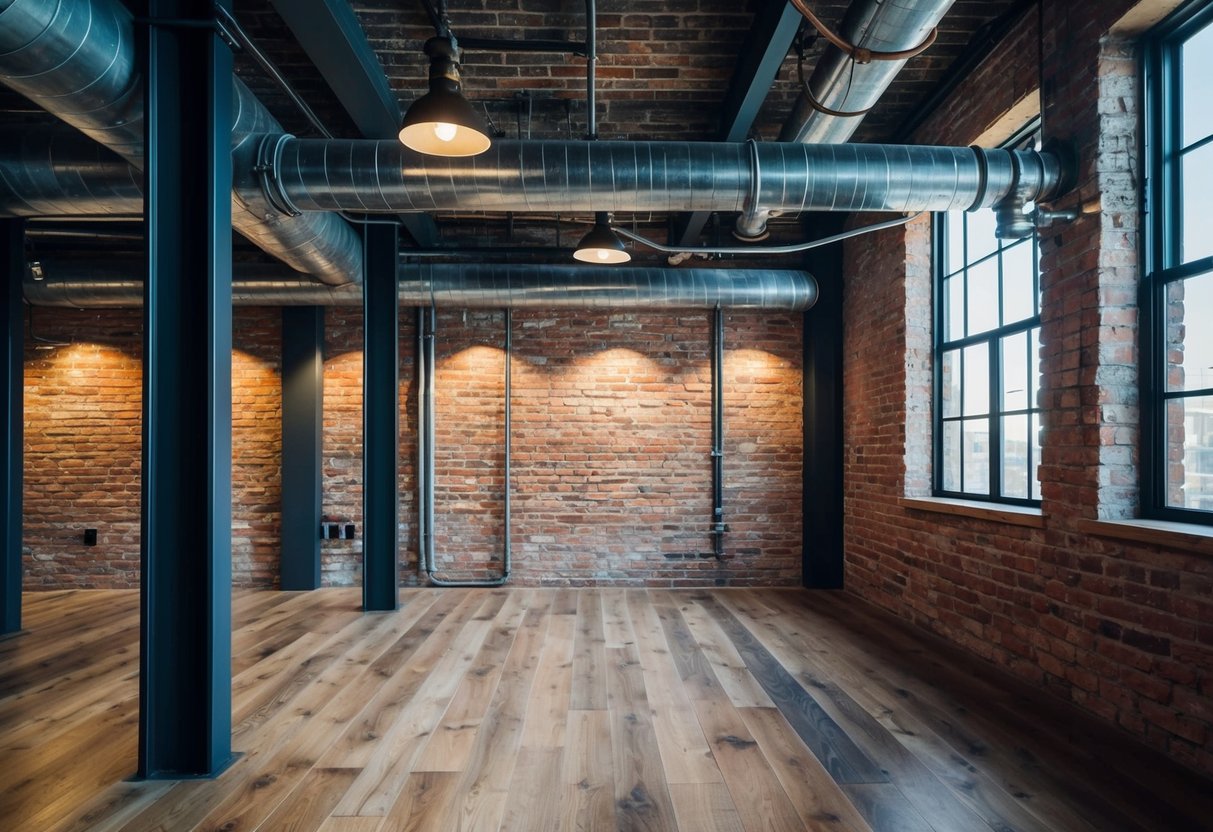Ein Loft mit freiliegenden Ziegelwänden, Metallrohren und vintage-industrieller Beleuchtung. Eine Mischung aus rohen Materialien und abgenutzten Oberflächen schafft eine robuste, urbane Ästhetik.