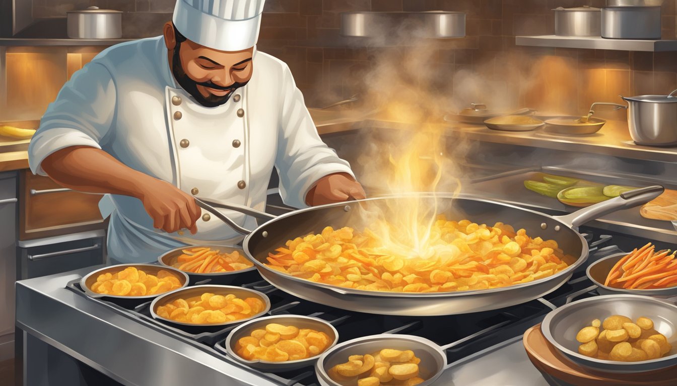 A chef dips a vegetable into batter, then carefully lowers it into a sizzling pan of hot oil. The vegetable sizzles and crisps as it cooks, creating a golden-brown faux fry