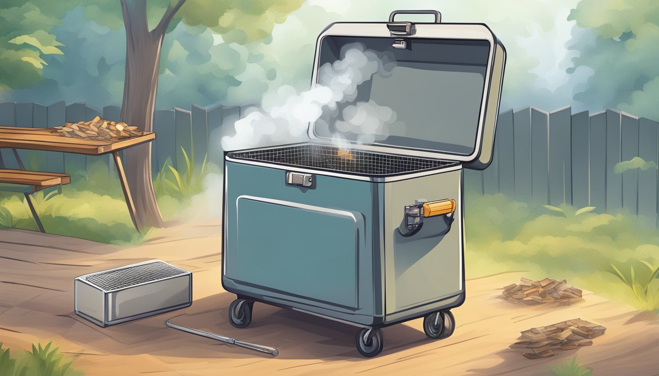 A cooler converted into a smoker, with added vents, racks, and a thermometer. Wood chips smoldering inside, emitting a fragrant smoke