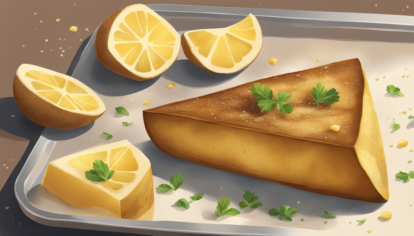 A golden-brown potato wedge sits on a baking sheet, surrounded by a light dusting of seasoning and a small pool of oil