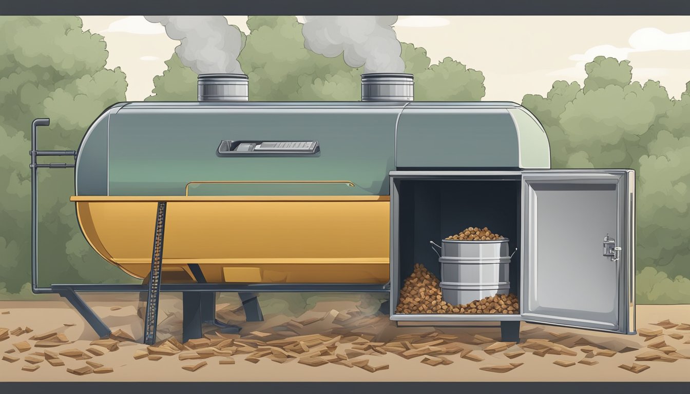 A cooler has been converted into a smoker, with vents and a chimney added. Wood chips are smoldering inside, producing a thin stream of smoke