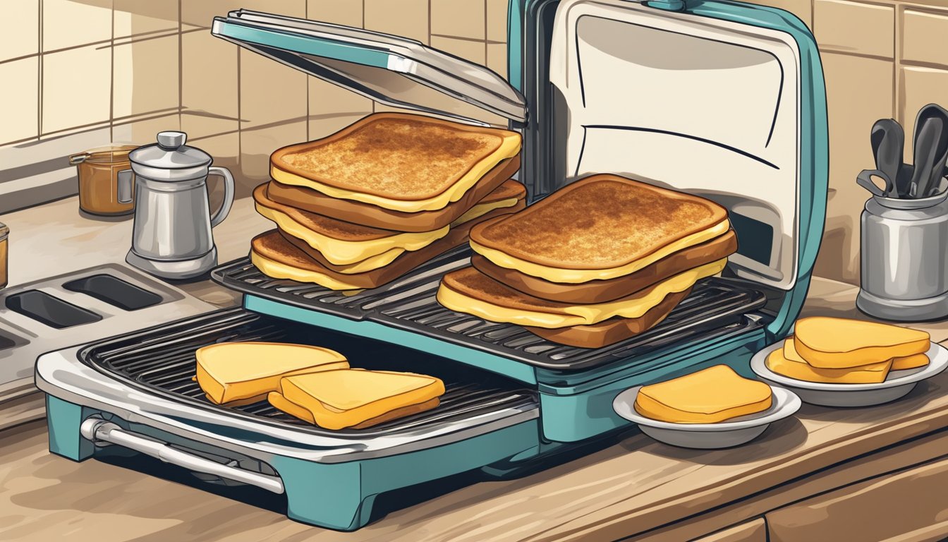 A vintage kitchen with a stovetop griddle toasting a faux grilled cheese sandwich