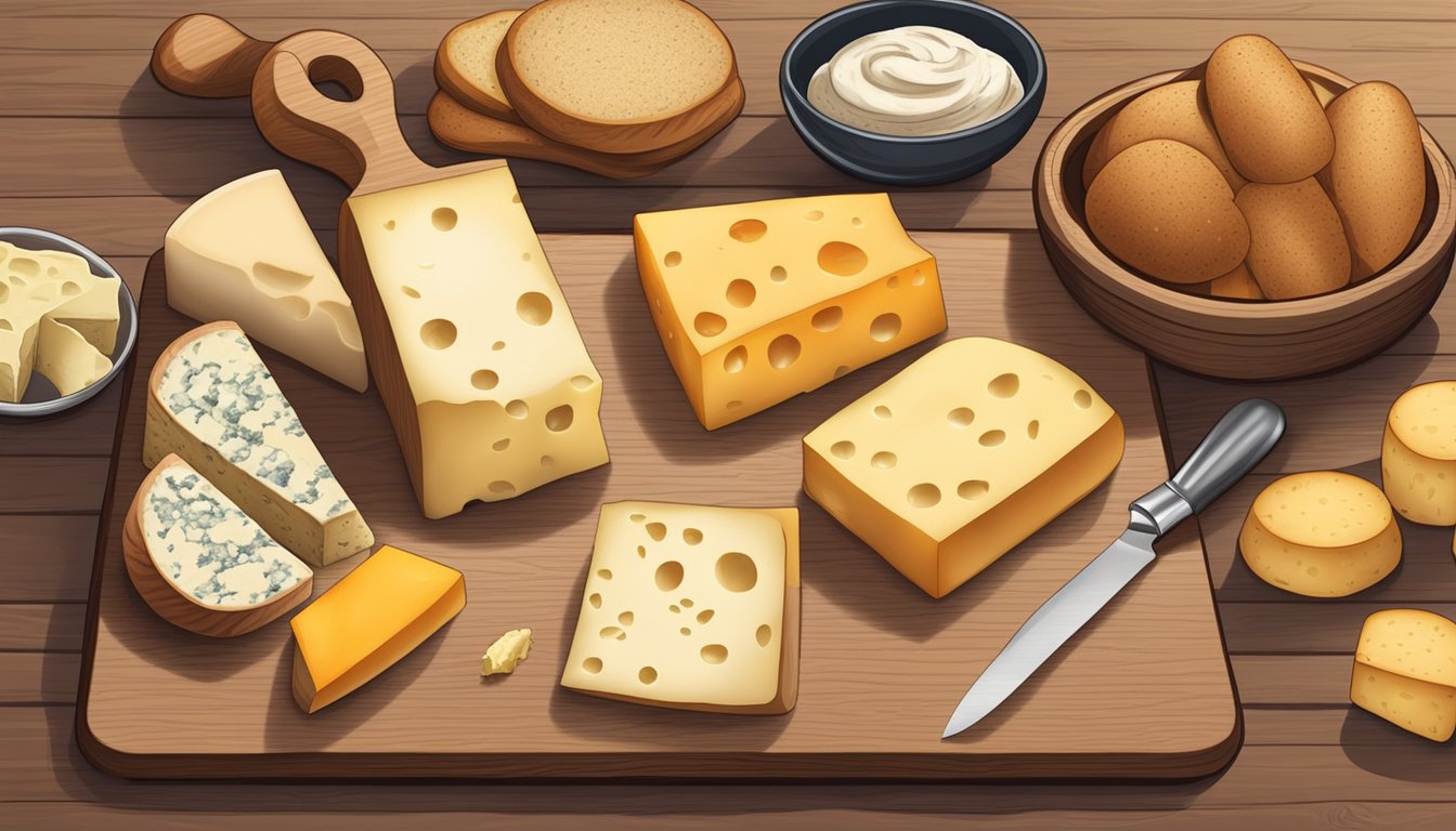 A variety of cheeses, breads, and spreads laid out on a wooden cutting board, with a cheese grater and knife nearby