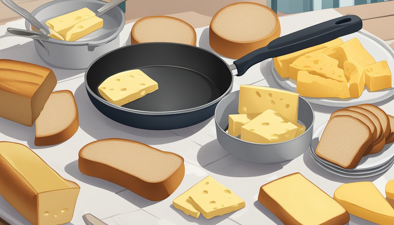 A spatula spreads butter on bread slices while a skillet sizzles on a stovetop. Slices of cheese and bread are arranged nearby