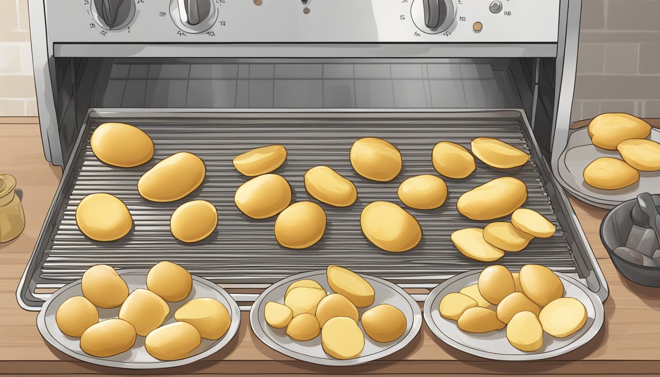 Potatoes being sliced into thin strips, dipped in batter, and then placed onto a baking sheet. The sheet is then put into the oven to bake until golden brown