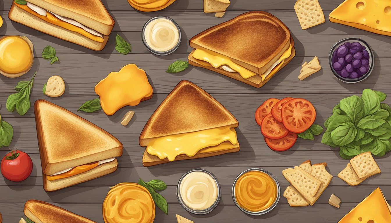 A colorful array of grilled cheese sandwiches, featuring unique ingredients and creative presentations, sit on a rustic wooden table