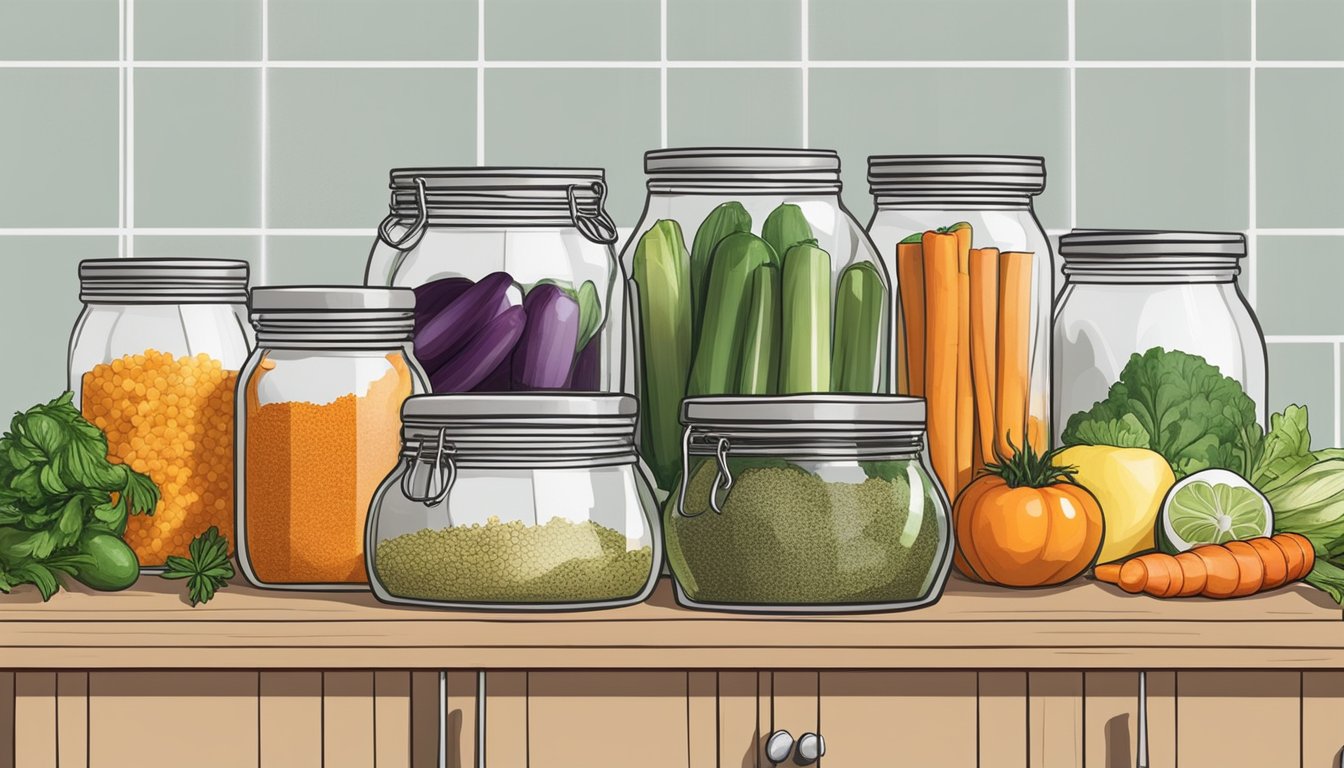 A clean, organized kitchen counter with various jars, spices, and fresh vegetables laid out for pickling