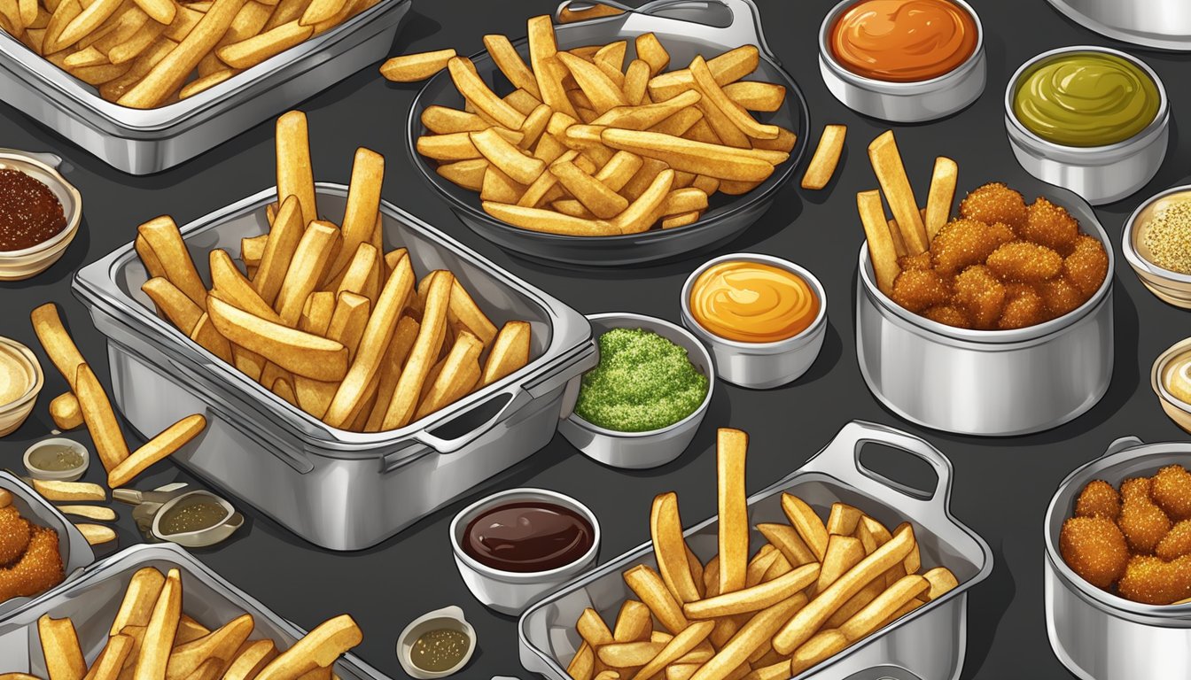 Golden faux fries sizzling in a hot oven, surrounded by a variety of seasonings and dipping sauces