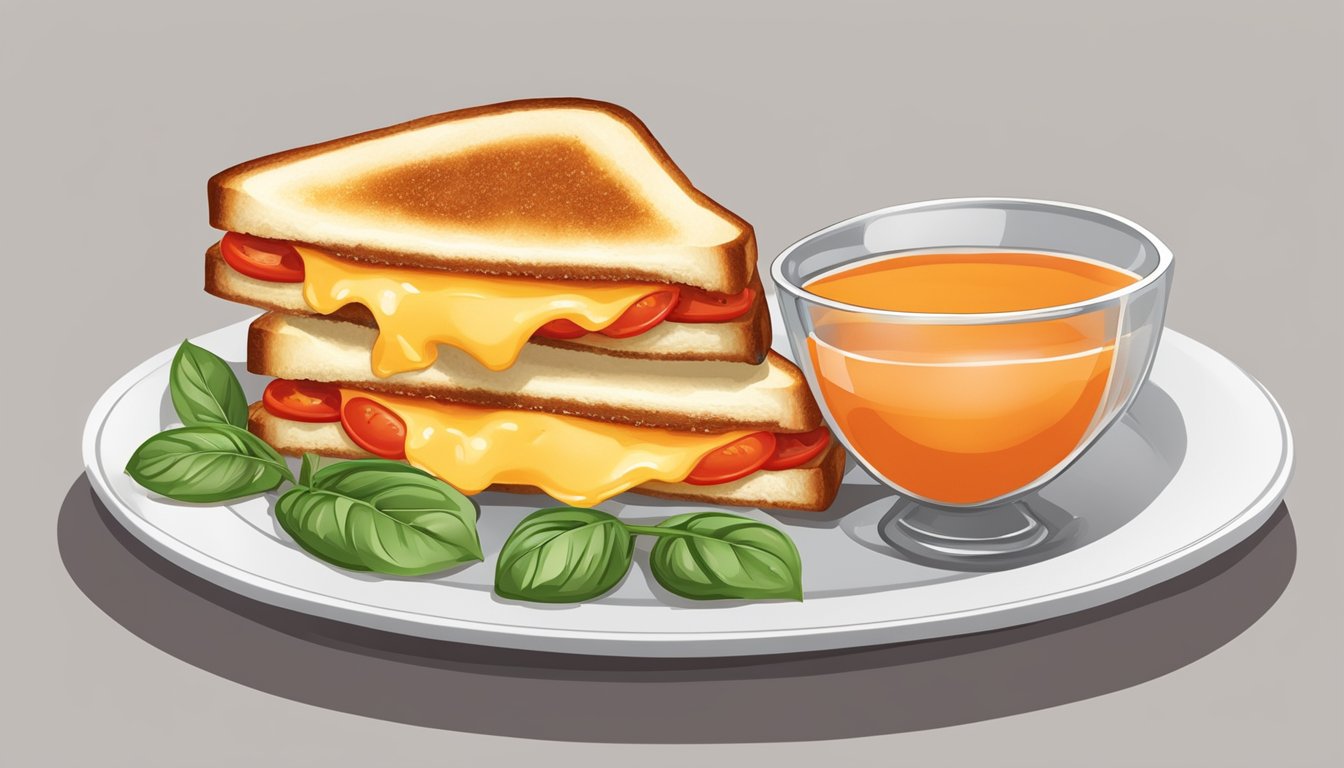 A plate with a faux grilled cheese sandwich, neatly cut and arranged with a side of tomato soup, garnished with a sprig of fresh basil