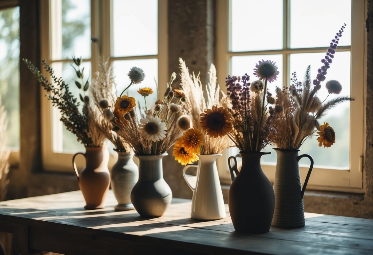 Ein rustikaler Tisch, geschmückt mit getrockneten Blumen in verschiedenen Vasen und Töpfen. Sonnenlicht fällt durch das Fenster und wirft sanfte Schatten auf das Arrangement.