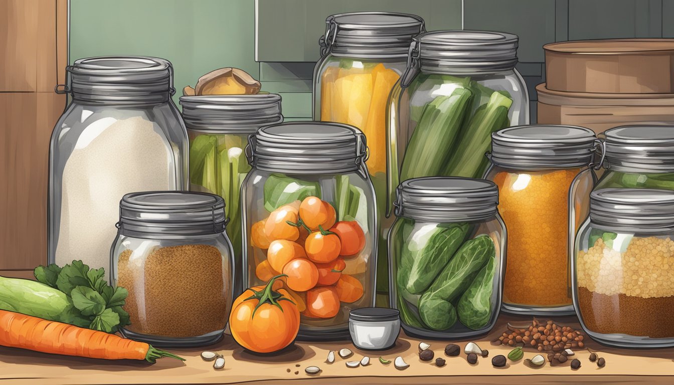 A cluttered kitchen counter with jars, vinegar, salt, spices, and fresh vegetables ready for pickling