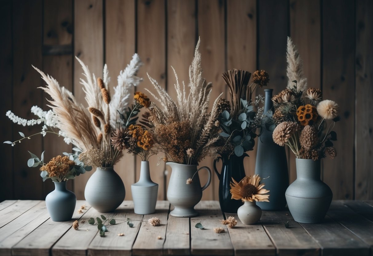 Ein rustikaler Holztisch, geschmückt mit verschiedenen getrockneten Blumen und Laub, die in Vasen und Behältern unterschiedlicher Formen und Größen angeordnet sind.