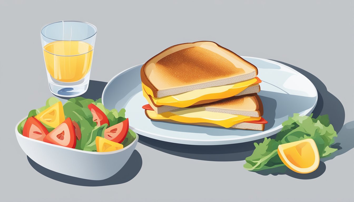 A plate with a faux grilled cheese sandwich, alongside a colorful salad and a glass of water, set on a modern, minimalist table