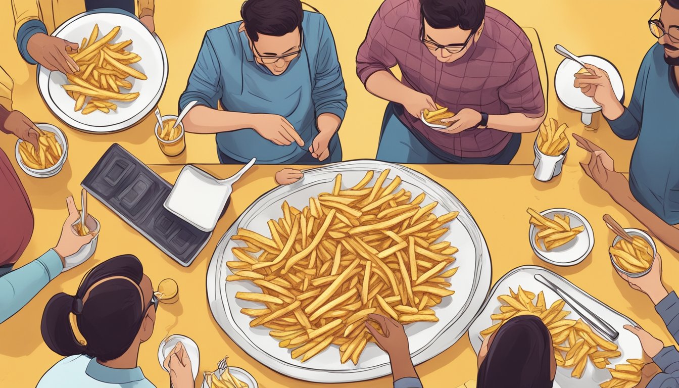 A plate of golden faux fries surrounded by people engaging in conversation and sharing the innovative cooking technique