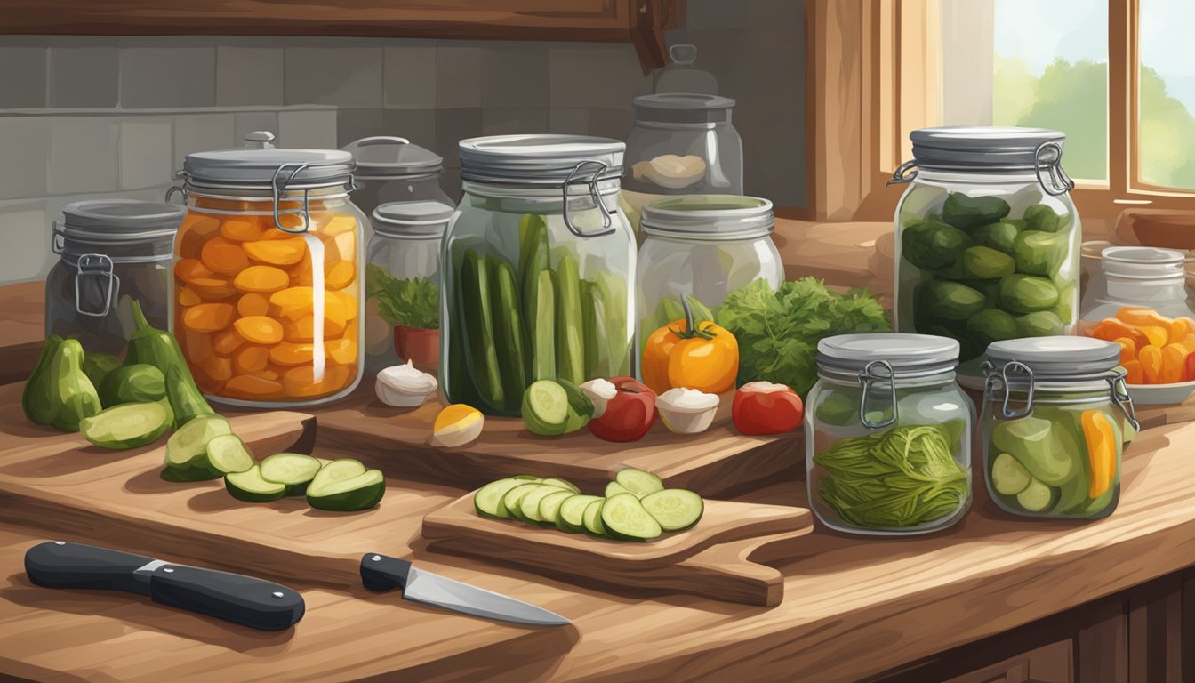 A wooden countertop with jars of pickling ingredients, surrounded by cutting boards, knives, and bowls