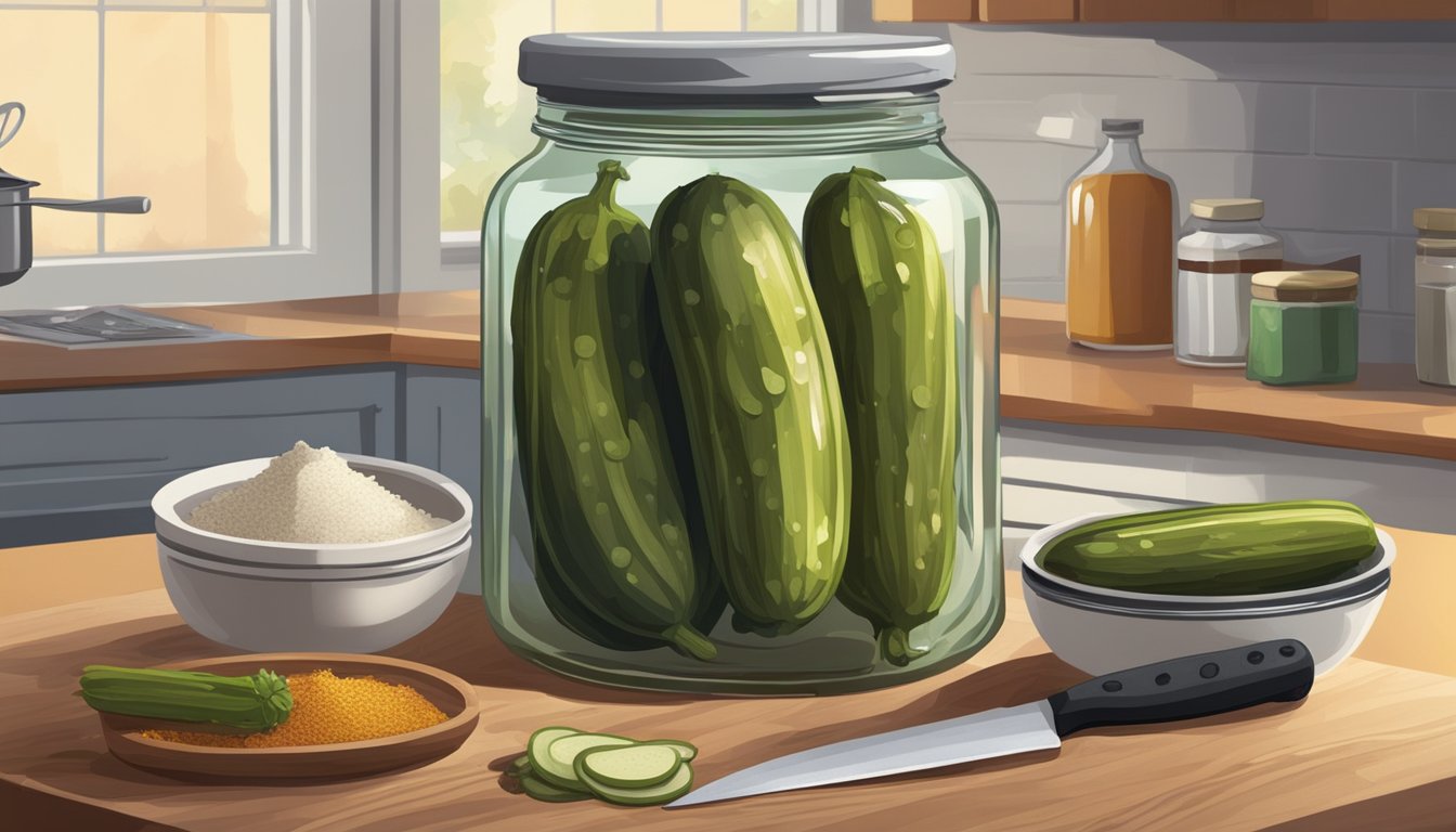 A jar of pickles sits on a kitchen counter next to a cutting board, knife, and various spices. A bowl of vinegar and salt is nearby