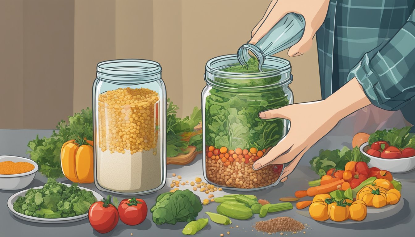 A hand pouring layers of colorful vegetables, grains, and greens into a glass jar, followed by a drizzle of dressing and a shake to mix