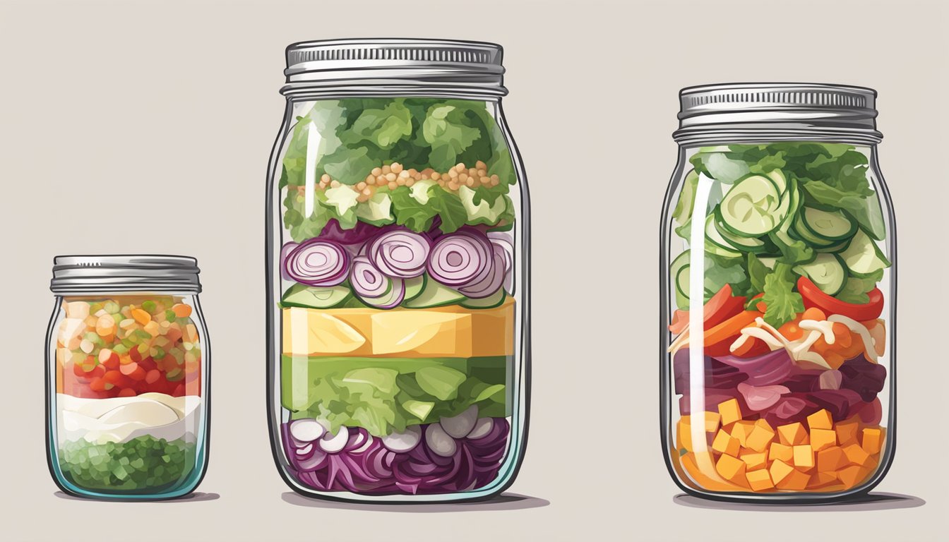 A mason jar filled with layers of colorful salad ingredients, topped with dressing, and ready to be shaken up