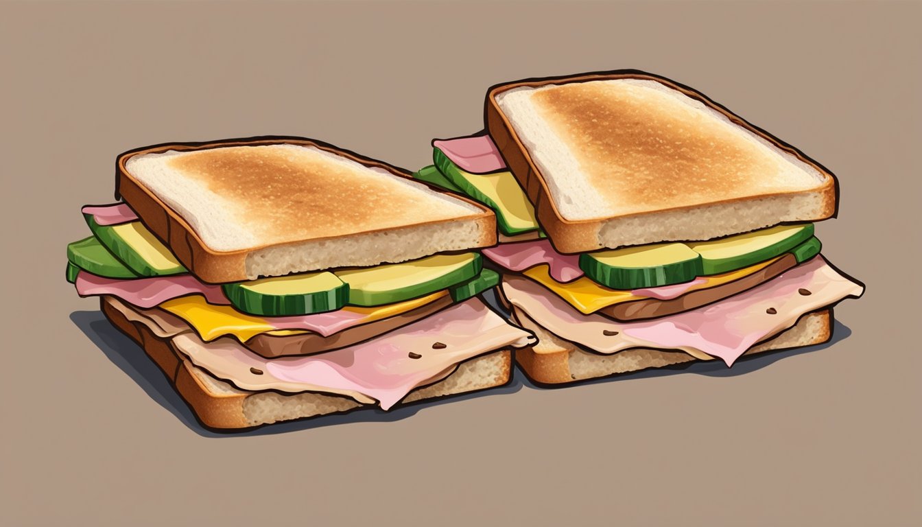 A classic pressed sandwich with layers of ham, turkey, cheese, and pickles, sandwiched between two slices of crusty bread, sitting on a hot iron press