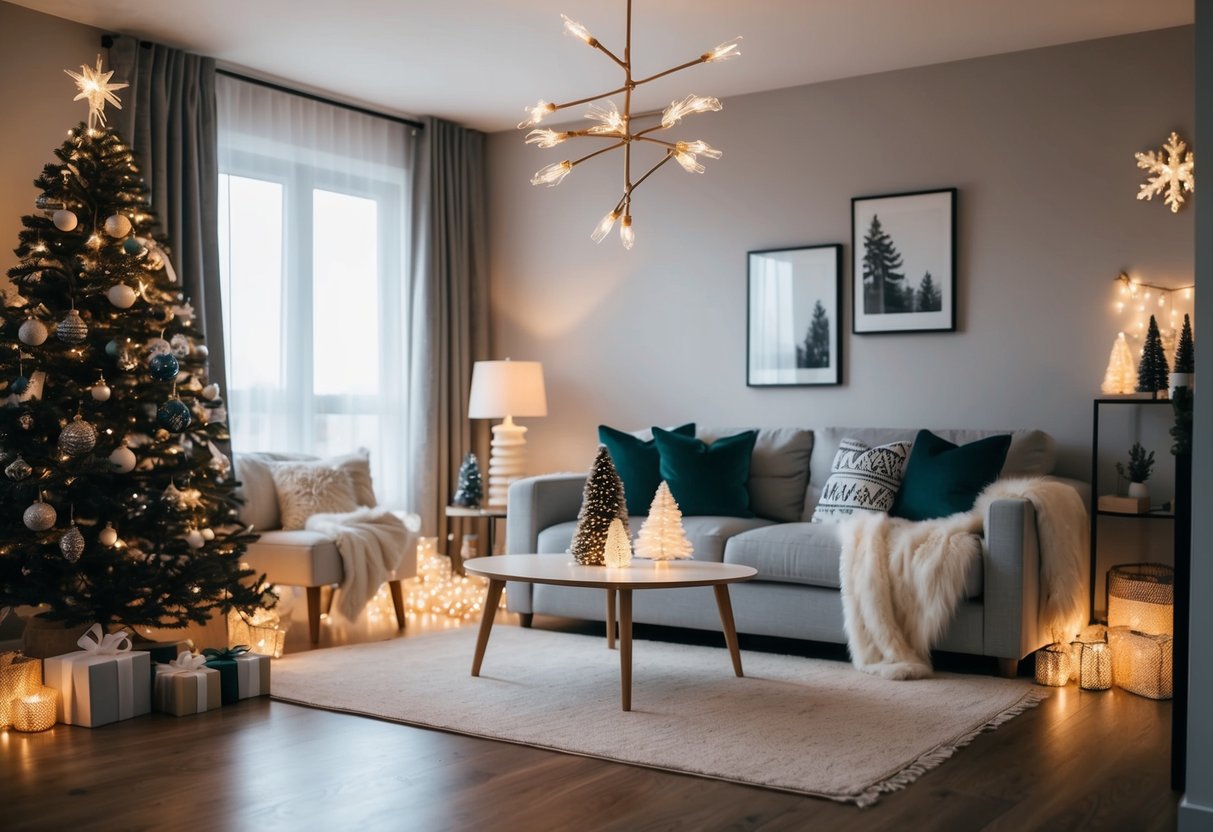 Ein gemütliches Wohnzimmer, geschmückt mit modernen Weihnachtsdekorationen und funkelnden Lichtern