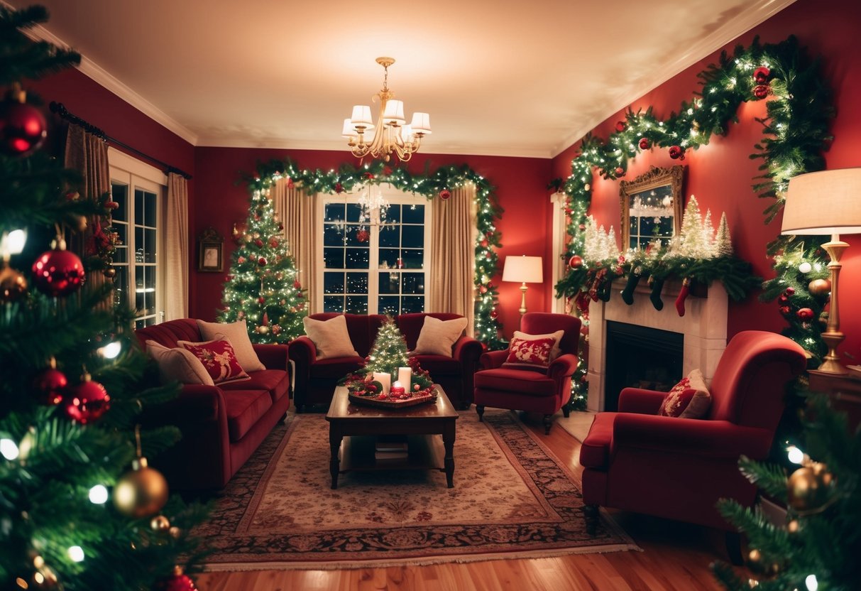 Ein gemütliches Wohnzimmer, geschmückt mit traditionellen Weihnachtsdekorationen in reichen, warmen Farben. Funkelnde Lichter, immergrüne Girlanden und festliche Ornamente schaffen eine festliche Atmosphäre.