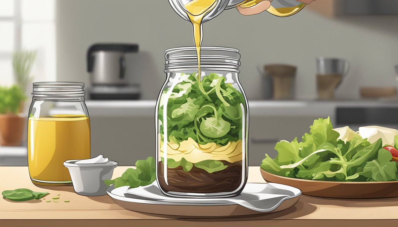 A jar of salad dressing being poured onto a salad in a jar, with the ingredients being shaken up inside