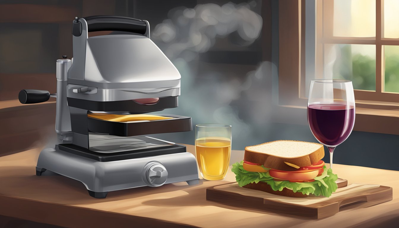 A steamy iron presses a sandwich next to a glass of wine