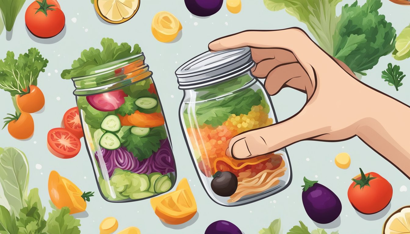 A hand holding a jar filled with layers of colorful salad ingredients, with a shaking motion to mix the contents