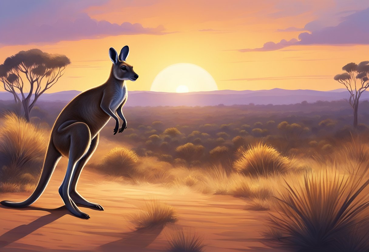 A kangaroo hopping through the Australian outback at sunset